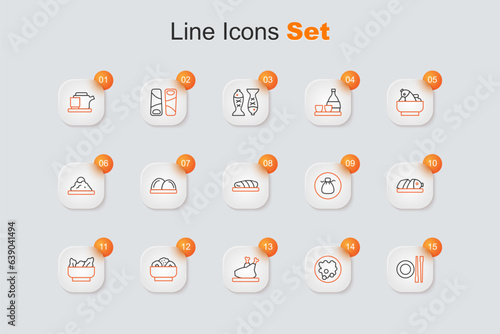 Set line Food chopsticks with plate, Rice in bowl, Roasted turkey or chicken, Chow mein on, Wonton, Fish sliced pieces, and steak icon. Vector