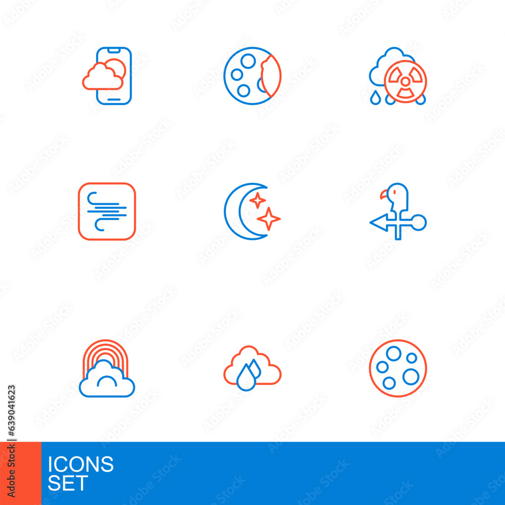Set line Moon, Cloud with rain, Rainbow cloud, Rooster weather vane, Wind, and stars, Acid radioactive and phases icon. Vector Set line Moon, Cloud with rain, Rainbow cloud, Rooster weather vane, Wind, and stars, Acid radioactive and phases icon. Vector