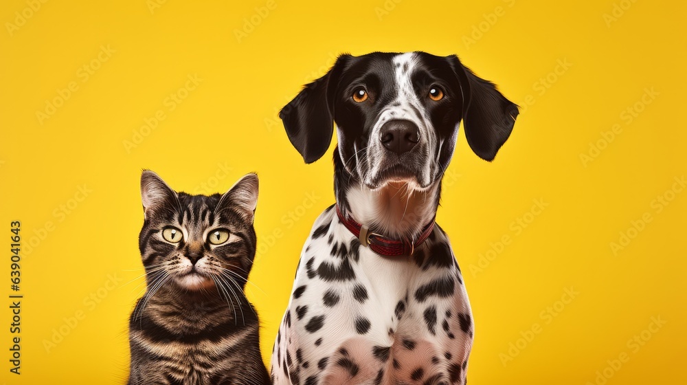Portrait of a cat and dog in front of bright yellow background
