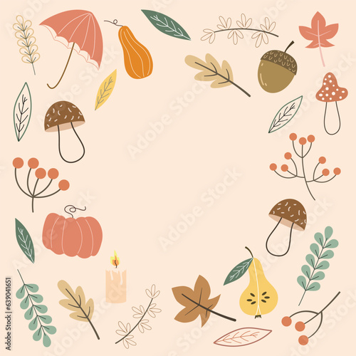 postcard. postcard template. congratulations on the coming of autumn. harvest time. cozy. leaf fall. pumpkin. pear.