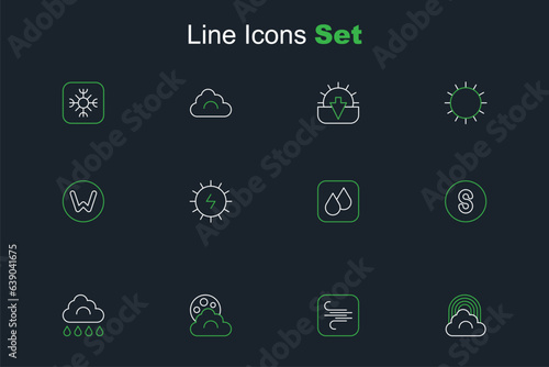 Set line Rainbow with cloud, Wind, Cloud moon, rain, Compass south, Water drop, Solar energy panel and north icon. Vector