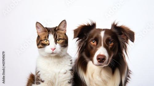Portrait of a dog and a cat looking at the camera in front of a white background