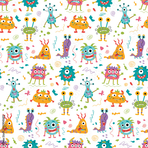 Colored cute funny monsters seamless pattern.For the design of children's clothing and textiles.Vector stock illustration.