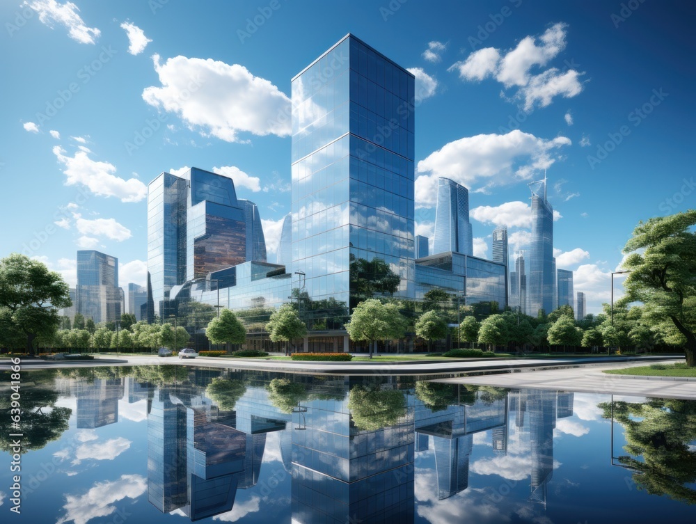 Modern office building with reflection in the water,. Modern skyscrapers in business district at sunset. 3d rendering