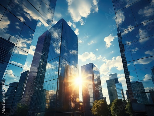 Modern office building with reflections. Modern skyscrapers in business district at sunset. 3d rendering