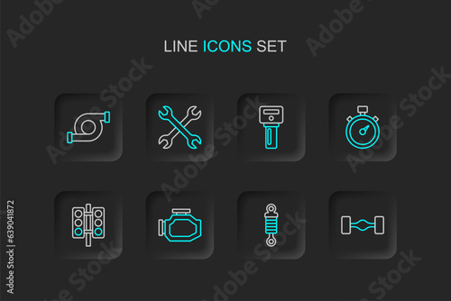 Set line Chassis car, Shock absorber, Check engine, Racing traffic light, Alloy wheel for, Car key with remote, Wrench spanner and Automotive turbocharger icon. Vector © Iryna