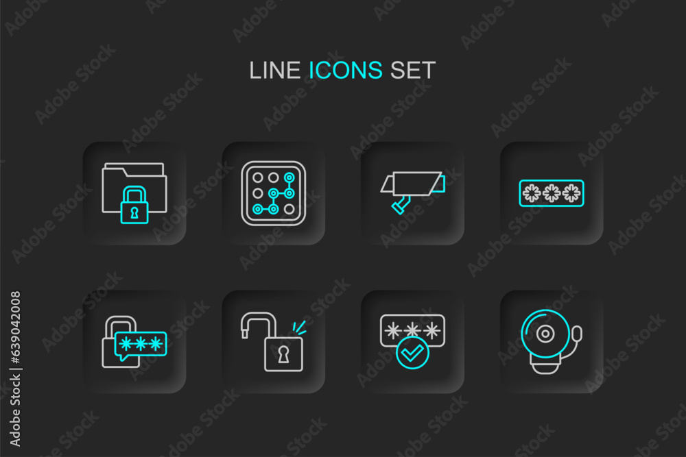 Set line Ringing alarm bell, Password protection, Open padlock, Cyber security, Security camera, Graphic password and Folder and icon. Vector Set line Ringing alarm bell, Password protection, Open padlock, Cyber security, Security camera, Graphic password and Folder and icon. Vector