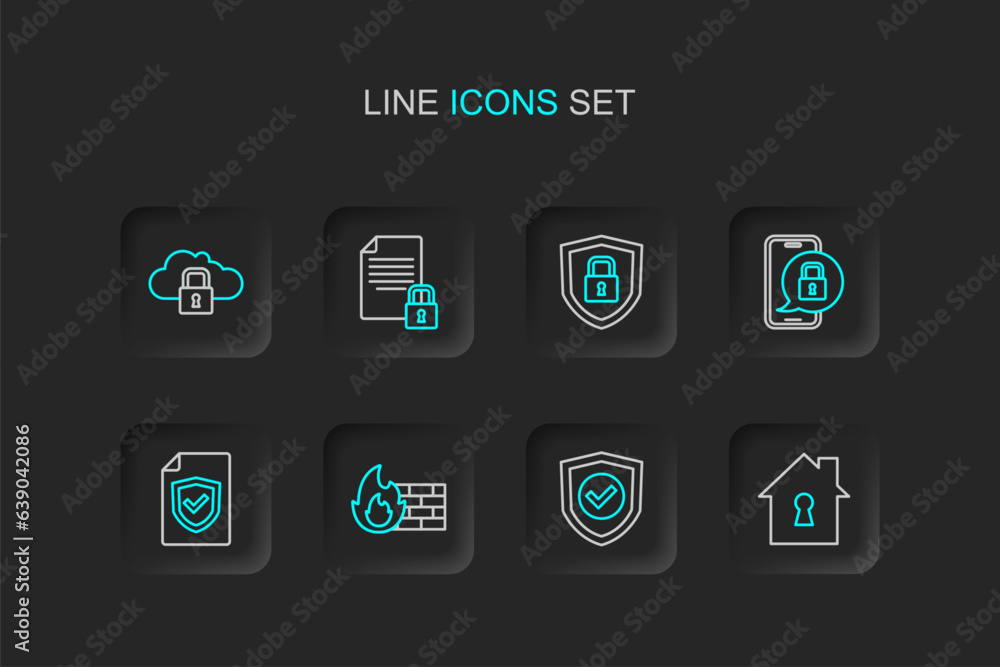 Set line House under protection, Shield with check mark, Firewall, security wall, Contract shield, Mobile closed padlock, Document and and Cloud computing icon. Vector Set line House under protection, Shield with check mark, Firewall, security wall, Contract shield, Mobile closed padlock, Document and and Cloud computing icon. Vector