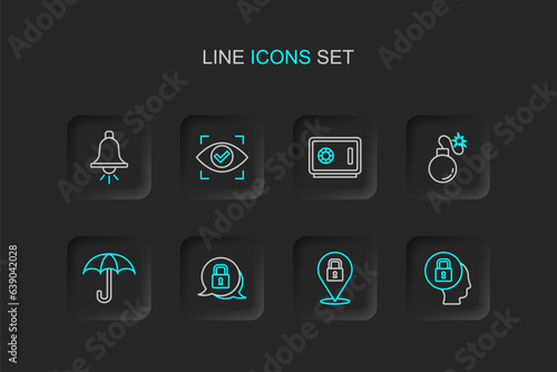 Set line Lock, Umbrella, Bomb, Safe, Eye scan and Ringing alarm bell icon. Vector © Iryna