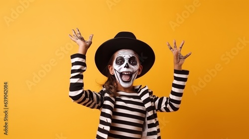 Portrait of funny child in Halloween disguise dancing isolated on yellow color background. Happy little girl in skeleton costume and witch hat, with skull makeup having fun at Halloween party photo