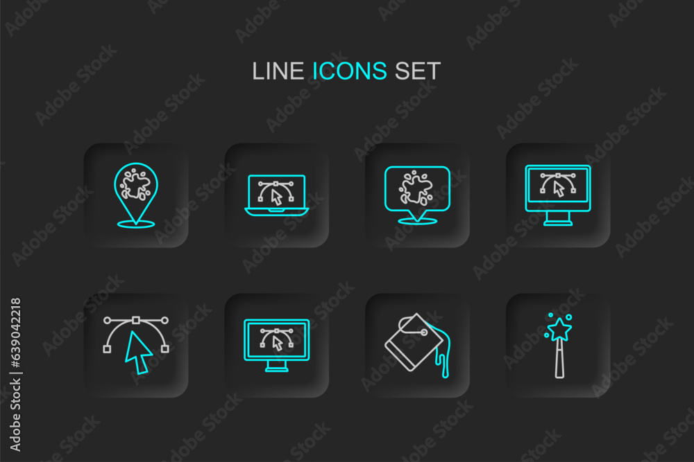 Fototapeta premium Set line Magic wand, Paint bucket, Computer with design program, Bezier curve, spray, and icon. Vector