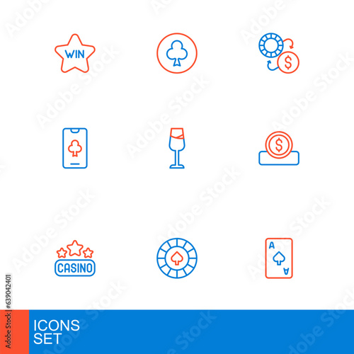 Set line Playing card with spades symbol, Casino chips, signboard, Coin money dollar, Online poker table game, Wine glass, exchange and clubs icon. Vector