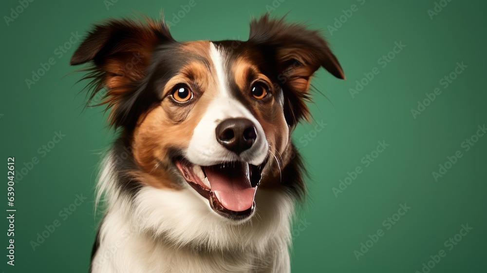 Studio headshot portrait of brown white and black medium mixed breed dog smiling against a green background
