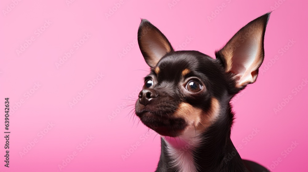 Studio portrait of black and brown chihuahua dog looking forward and standing against a pink background