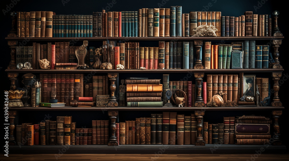 A bookshelf filled to the brim with books of various sizes and genres.   - obrazy, fototapety, plakaty 