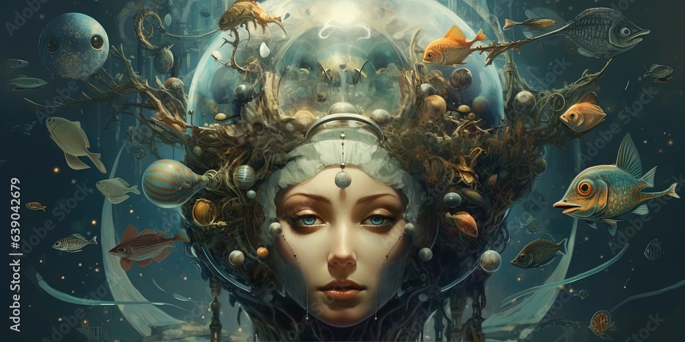 Zodiac fish. Surreal girl. Futuristic girl surrounded by fish.