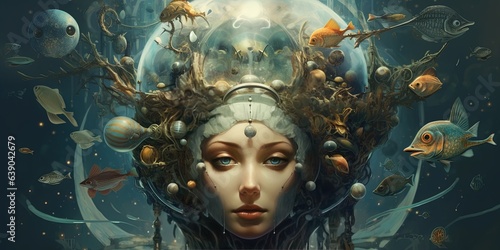 Zodiac fish. Surreal girl. Futuristic girl surrounded by fish.