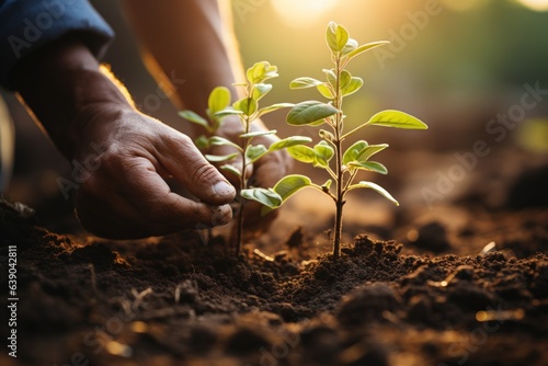 Close up of human hands planting tree seedling in fertile soil with sunlight