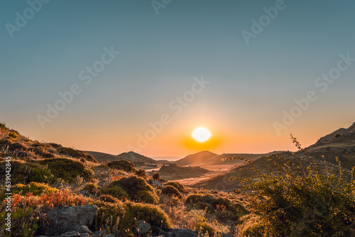 Romantic sunset view to Aegean Sea Lemnos or Limnos Island Greece, summer travel destination, wallpaper design