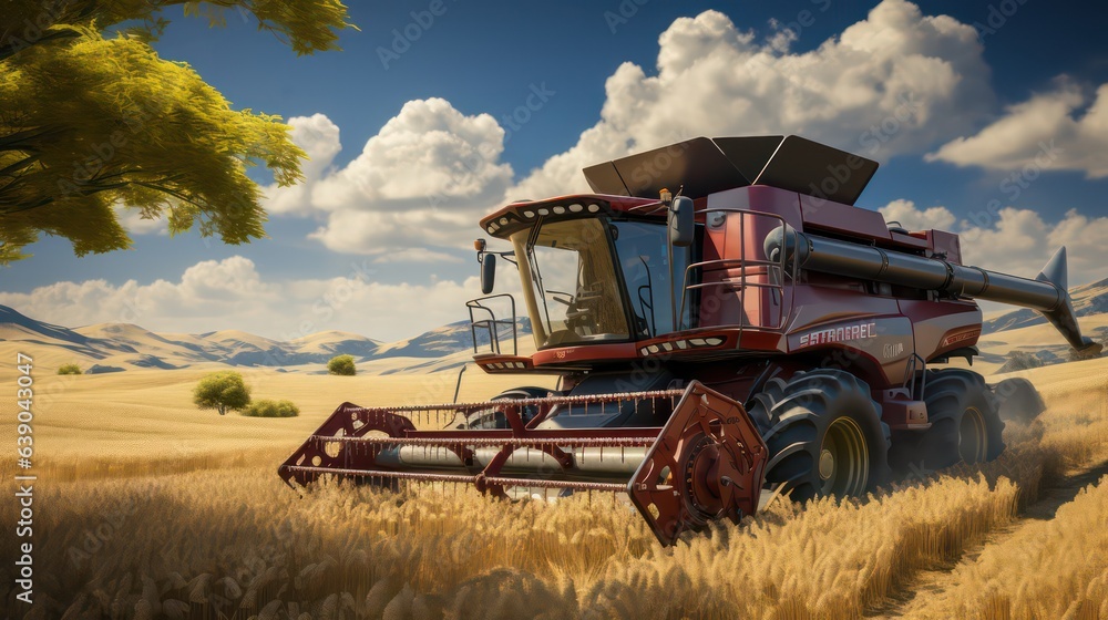 Fototapeta premium Combine harvester working on a wheat field. 3D rendering