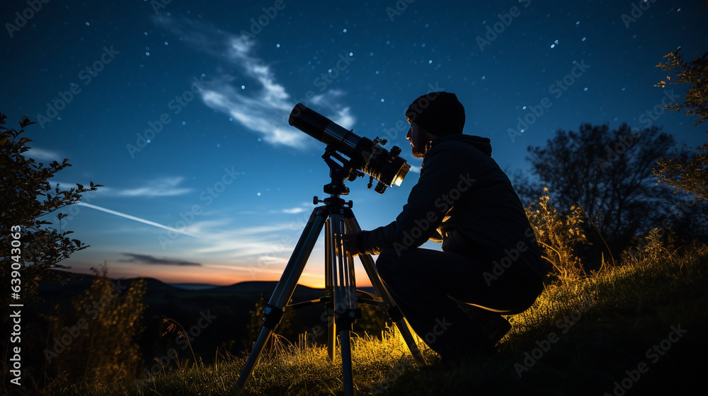 An astronomy enthusiast stargazing through a telescope on a clear September night.  