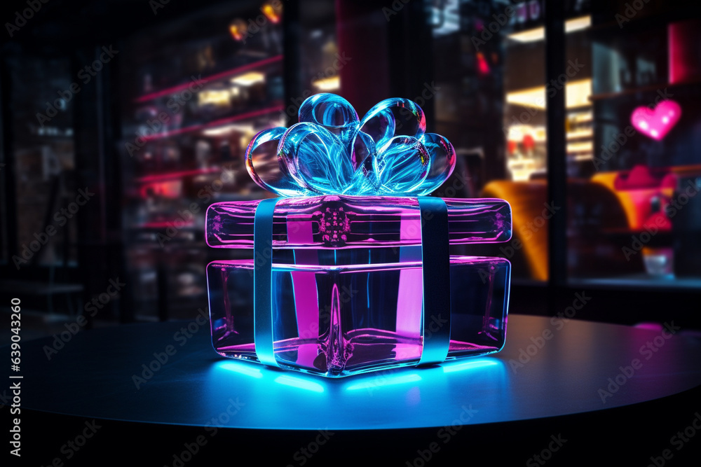 gift photographed in neon lights - obrazy, fototapety, plakaty 