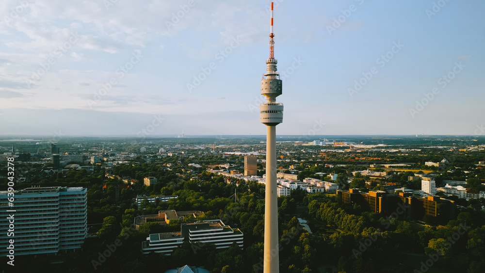Aerial view cityscape Florianturm or Florian Tower telecommunications tower and Westfalenpark in Dortmund, Germany