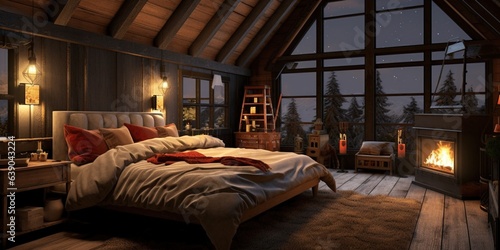 A bedroom with a bed and a fire place