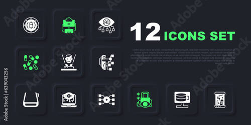 Set Cloud database, Cryogenic capsules, Hologram, Cyber security, Medical pill biohacking, Computer vision, and Neural network icon. Vector