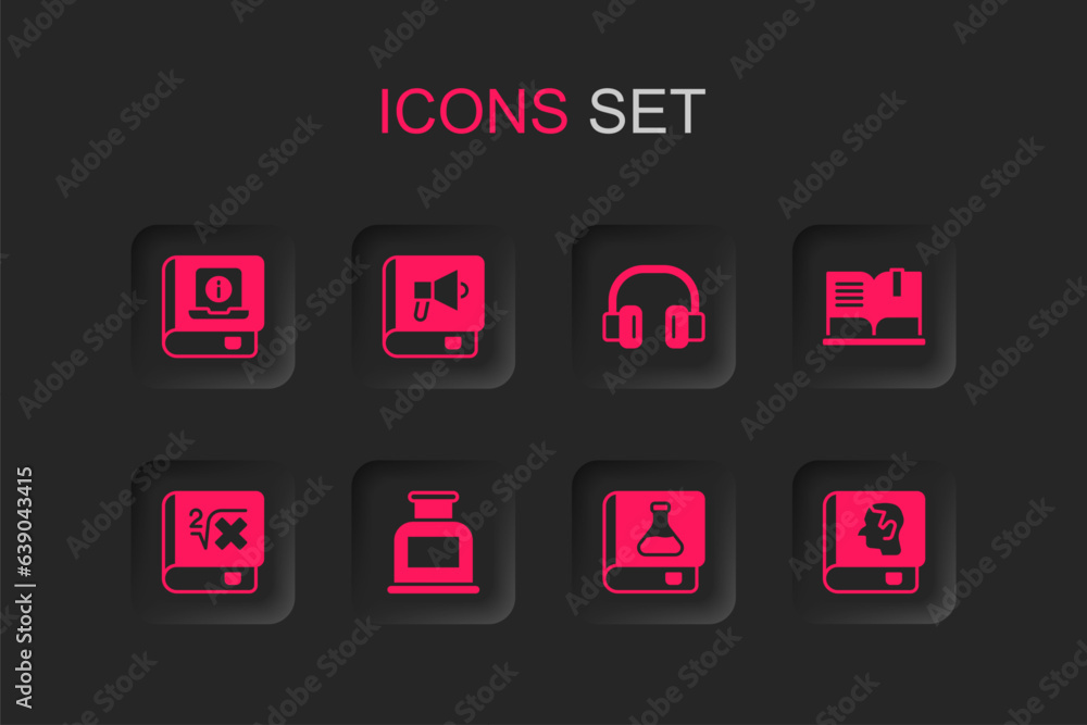 Set Inkwell, Book, User manual, Chemistry book, Open, Law, Headphones and with mathematics icon. Vector Set Inkwell, Book, User manual, Chemistry book, Open, Law, Headphones and with mathematics icon. Vector