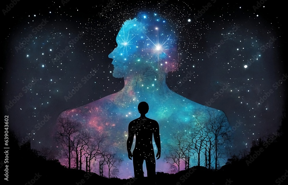 Obraz premium Silhouette of man connected with the universe cosmic background. Meditation and spiritual life yoga Relaxing Concept - Generative AI