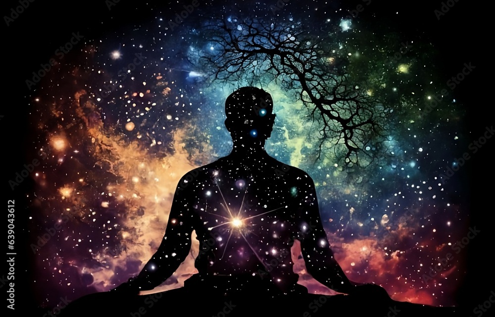 Silhouette of man connected with the universe cosmic background. Meditation and spiritual life yoga Relaxing Concept - Generative AI