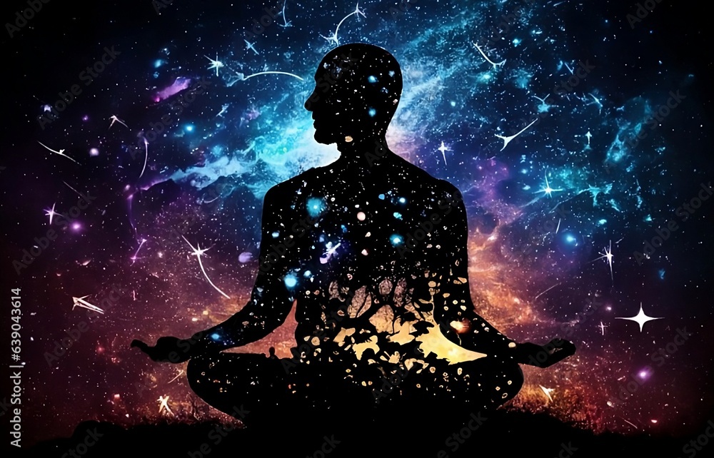 Silhouette of man connected with the universe cosmic background. Meditation and spiritual life yoga Relaxing Concept - Generative AI