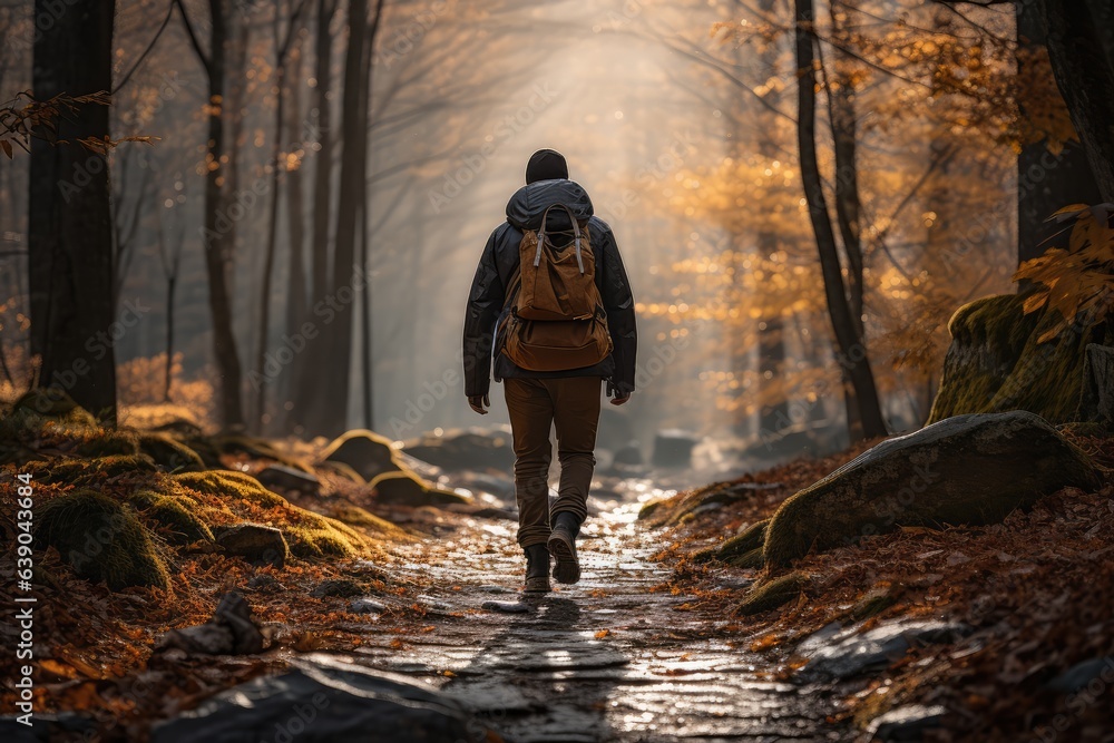 Man hiking on a trail covered in a blanket of fallen leaves - Autumn Adventure - AI Generated Man hiking on a trail covered in a blanket of fallen leaves - Autumn Adventure - AI Generated