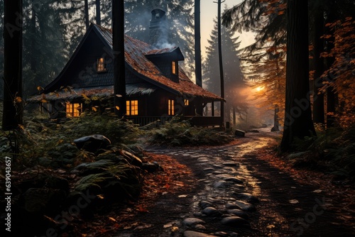 Forest path, covered in leaves, leading to a cabin with smoke coming out of the chimney - Fall Retreat - AI Generated