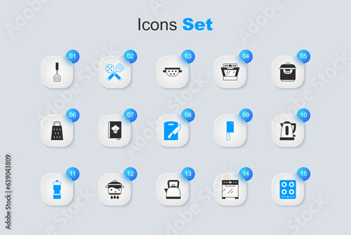 Set Oven, Cookbook, Spatula, Pepper, Gas stove, Electric kettle, and Cutting board and knife icon. Vector