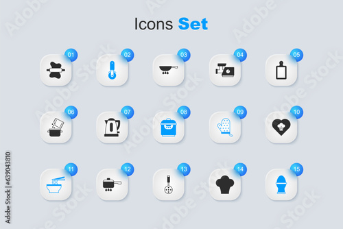 Set Chef hat, Electric kettle, Pizza knife, Asian noodles in bowl, Chicken egg on stand, Rolling pin dough and Slow cooker icon. Vector