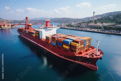 Aerial view of Container Cargo ship with working crane bridge in port