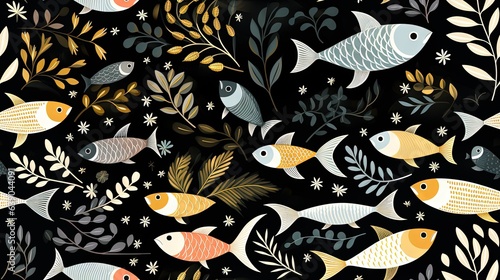  a black background with a bunch of fish and plants on it. generative ai