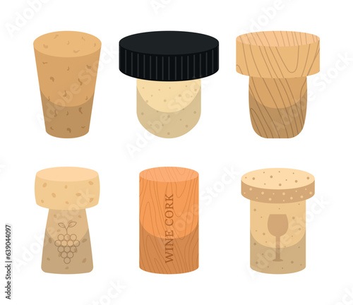 Set of wine, champagne corks in cartoon style. Vector illustration of corks from bottles of different shapes, inscription and design: with a bunch of grapes, a glass of wine isolated on a white.