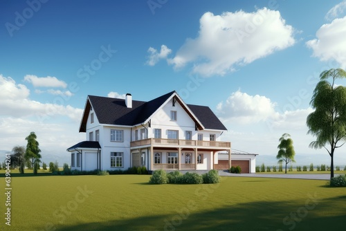 Country house front view with lawn and blue sky background