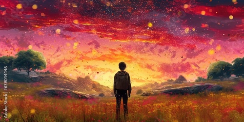 A cool fantasy anime man standing in a big fairytale field and watching the sunset, generative ai technology photo