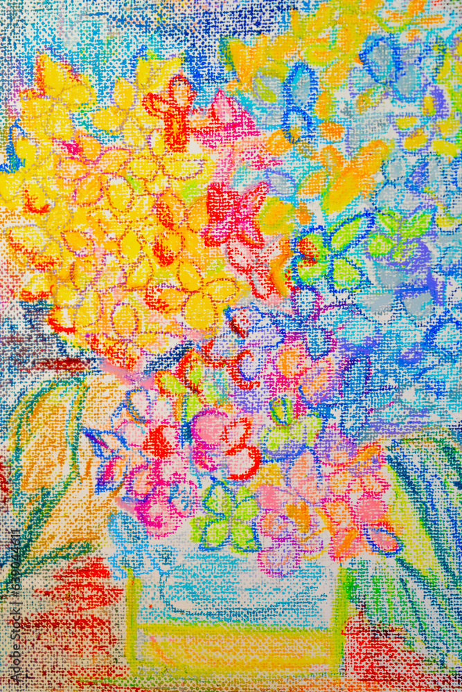 紫陽花　パステル　オイルパステル　絵画　アート　イラスト　グラフィック　クレヨン　カラフル　あじさい　花　趣味