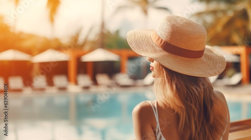 Summer day lifestyle woman relax and chill near luxury swimming pool sunbath at the beach resort outdoors the hotel.  Vacations and Summer Concept
