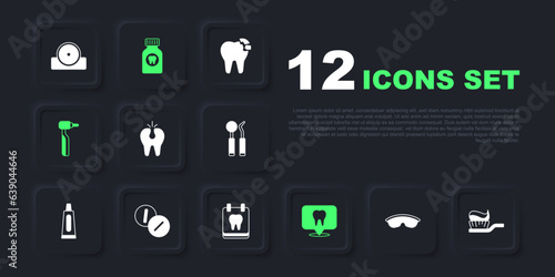 Set Safety goggle glasses, Toothbrush with toothpaste, Broken, Dental clinic location, drill, Toothache painkiller tablet, and Calendar icon. Vector