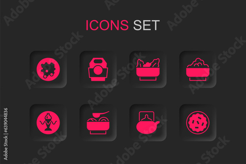 Set Ramen soup bowl, Asian noodles in paper box, Rice, Traditional tea ceremony, Homemade pie, Wonton and Served fish plate icon. Vector