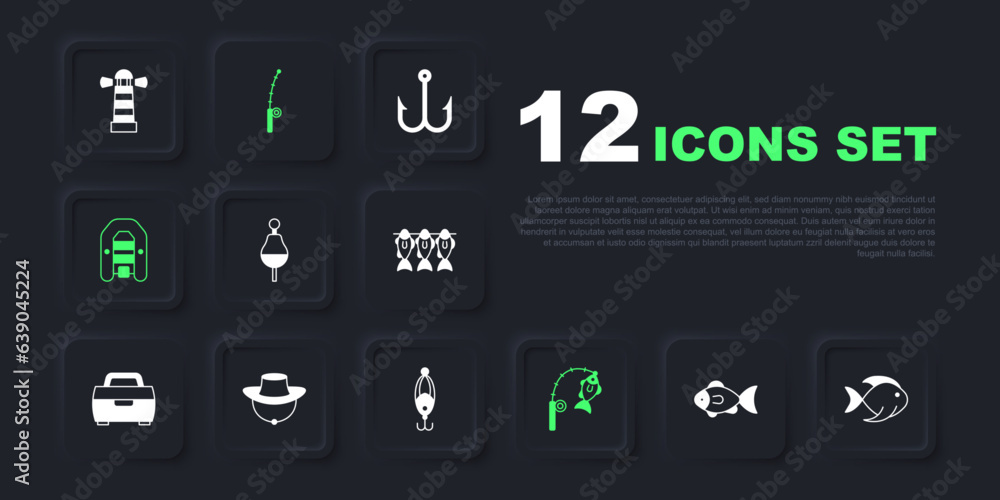 Set Fish, Fishing float, rod and fish, Inflatable boat with motor, Fisherman hat, and lure icon. Vector Set Fish, Fishing float, rod and fish, Inflatable boat with motor, Fisherman hat, and lure icon. Vector