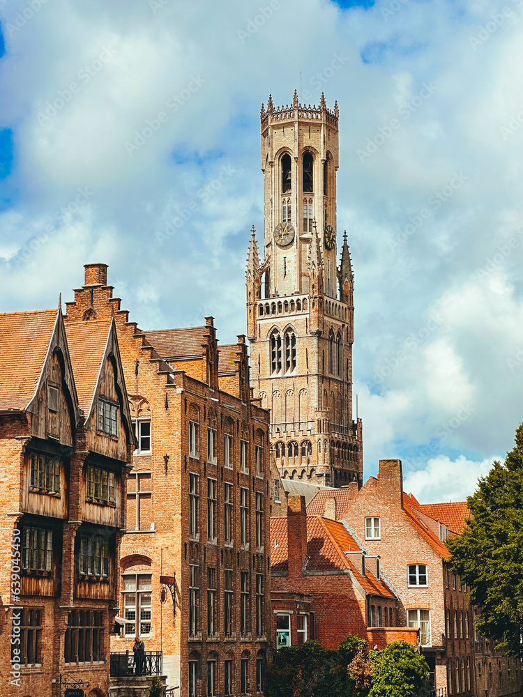 The Belfry Tower, Belfort of Bruges, medieval bell tower in the historical centre of Bruges, Belgium. 