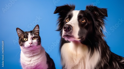 Tabby cat and border collie dog in front of a blue gradient background © Ruslan