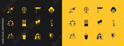 Set Clown head, Ice cream in waffle, Balloons with ribbon, Circus tent, Magician hat and rabbit ears, Paper mustache stick, wand and Ferris wheel icon. Vector